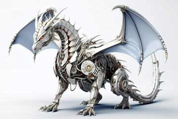 A dragon are made electronic machinery on a white background. Mythical creatures. illustration. Generative AI.