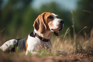 Image of beagle dog resting on green pasture grass on summer. Pet. Animals. Illustration. Generative AI.