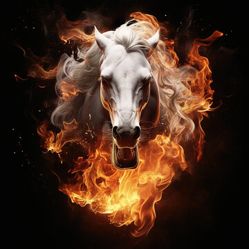Image of angry horse face and flames on dark background. Wildlife Animals. Illustration, Generative AI.