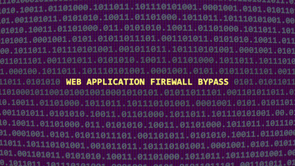 Cyber attack web application firewall bypass. Vulnerability text in binary system ascii art style, code on editor screen. Text in English, English text