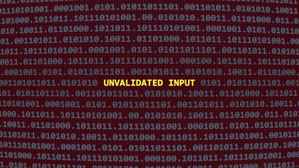 Fototapeta premium Cyber attack unvalidated input. Vulnerability text in binary system ascii art style, code on editor screen. Text in English, English text