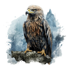 A mysterious Eagle t-shirt design showing an eagle perched on an ancient, weathered stone structure amidst a foggy and mystical landscape, Generative Ai