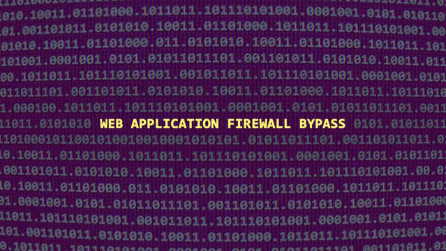 Web application firewall bypass. Vulnerability text in binary system ascii art style, code on editor screen. Text in English, English text, cyber attack.