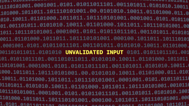 Cyber attack unvalidated input. Vulnerability text in binary system ascii art style, code on editor screen. Text in English, English text