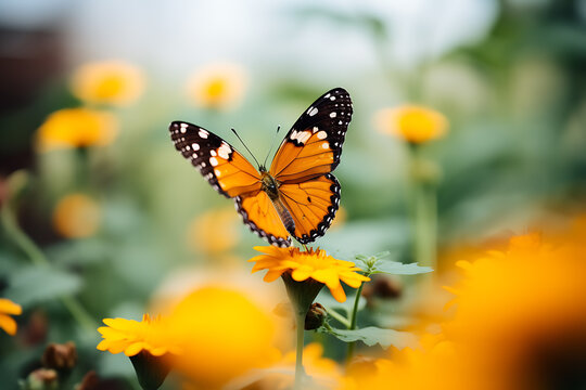 Selective focus shot on Yellow Butterfly and yellow flower.