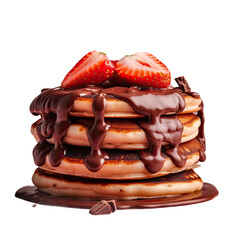 Pancakes featuring strawberry and chocolate isolated on transparent background in a closeup