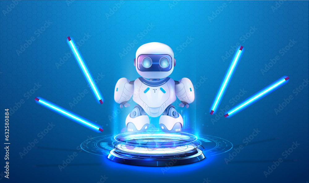 Poster ai technology poster with cute robot character. robot chatbot, ai in science, business. projection, 