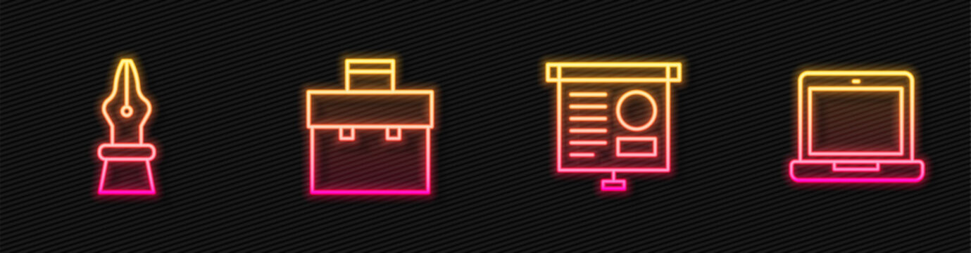 Set line Chalkboard with diagram, Fountain pen nib, Briefcase and Laptop. Glowing neon icon. Vector