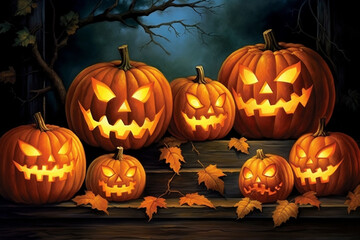 Craft an inviting Halloween party invitation, featuring a playful display of pumpkins adorned with grinning Jack-o'-lantern faces, inviting guests to join the festivities." Generative AI