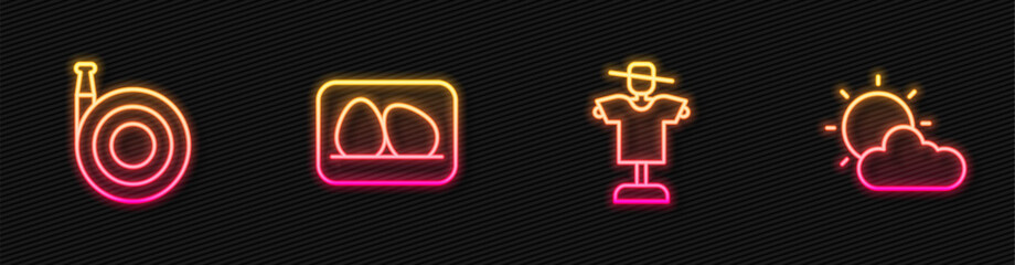 Set line Scarecrow, Garden hose, Chicken egg and Sun and cloud weather. Glowing neon icon. Vector