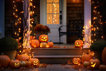 Obraz premium Create a mesmerizing bokeh-filled shot of a pumpkin-adorned porch at twilight, with string lights adding a magical glow to the Halloween decorations.