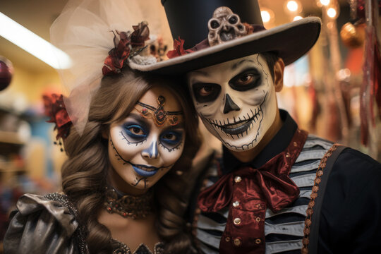 Biracial Students dressed up in costume. Girl and boy in Halloween makeup. Street portrait of Halloween parade participants. Dia de Muertos. Celebration of Mexico's Day of the Dead. Generated Ai