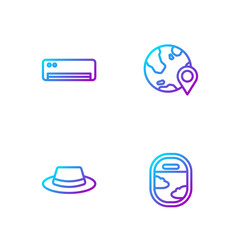 Set line Airplane window, Man hat with ribbon, conditioner and Location the globe. Gradient color icons. Vector