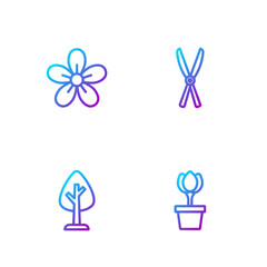 Set line Flower tulip in pot, Forest, and Gardening handmade scissors. Gradient color icons. Vector