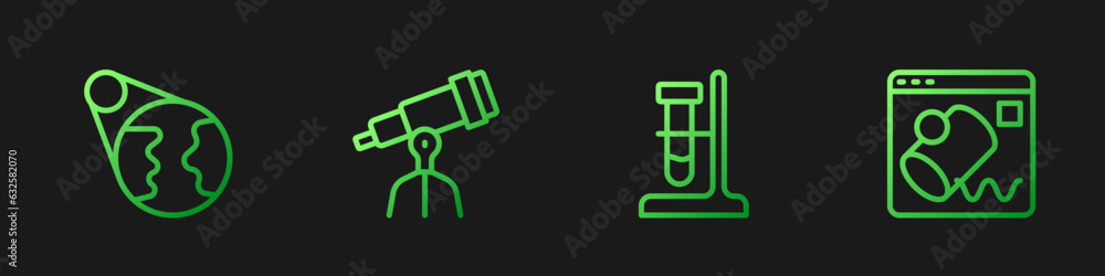 Poster set line test tube flask on stand, earth globe, telescope and data visualisation. gradient color ico