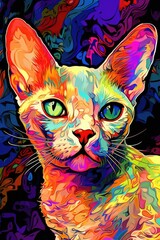 American Shorthair Devon Rex cat psychedelic look. Generative AI