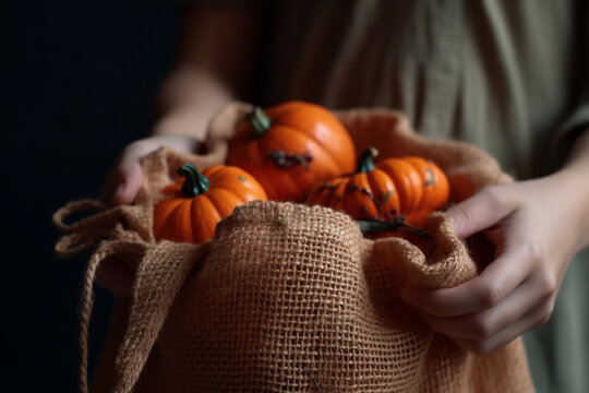 Female hands holding mini pumpkins in a jute basket. Generative AI