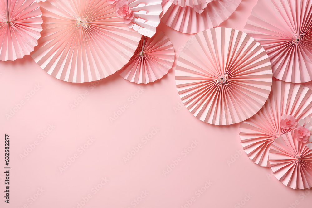 Poster frame of paper fans on blush color background, empty space. generative ai