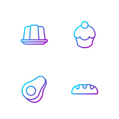 Set line Bread loaf, Avocado fruit, Jelly cake and Muffin. Gradient color icons. Vector