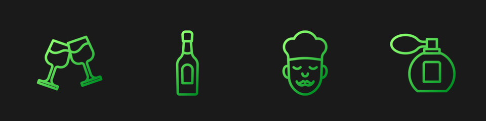 Set line Cook, Wine glass, Champagne bottle and Perfume. Gradient color icons. Vector