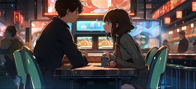 Young couple playing retro games in an arcade