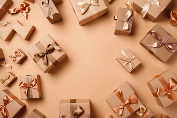 Empty Space In The Center With Beige Background And Lots Of Gift Boxes Closed With Bows, Top View. Generative AI