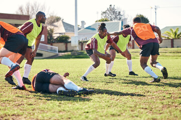 Obraz premium Rugby, sports and running with a team on a field together for a game or match in preparation of a competition. Fitness, training and teamwork with a group of men outdoor on grass for club practice