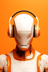 Obraz na płótnie Canvas Portrait of a robot cyborg listening to music in headphones on an orange background