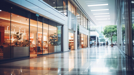 Abstract blur of a department store or shopping mall. Blurred image suitable for background use. Modern shopping mall corridor and storefront.

Generative AI.