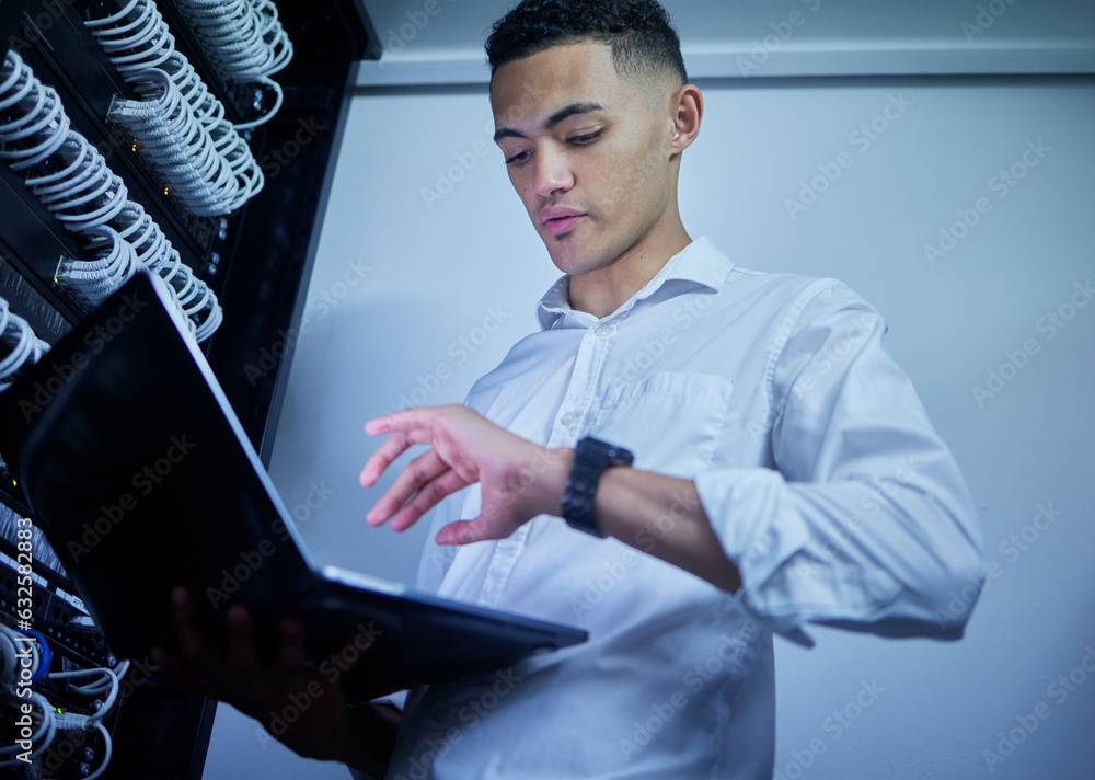 Aufkleber Laptop, server room technician and man problem solving cloud computing, data center or cybersecurity network. Software analysis, supercomputer update and admin person inspection of system connection
