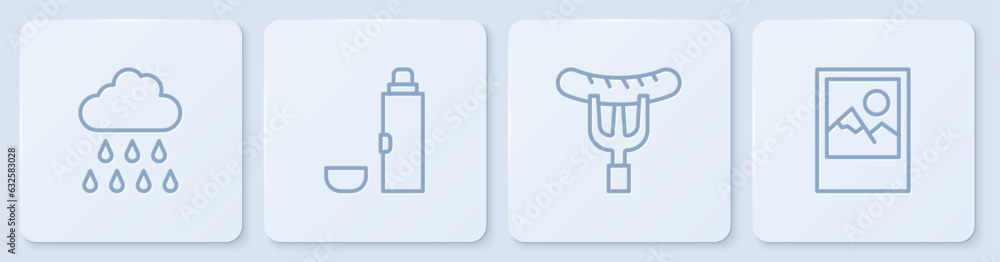 Poster set line cloud with rain, sausage on the fork, thermos container and photo frame. white square butto