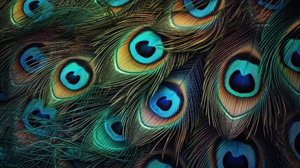 close-up view of a peacock feather texture background, highlighting the vibrant colors and intricate patterns