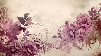 Floral illustration background with copy space. Pink and sepia colors