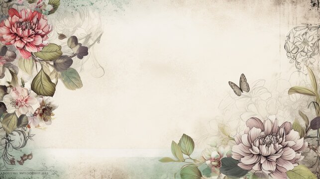 painting of flowers and butterflies on a white background with copy space