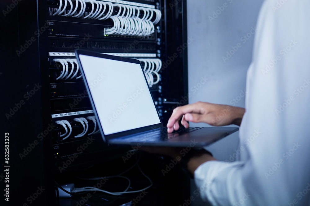 Fototapete Laptop, person hands or server room technician work on data center, online database or problem solving cloud computing network. Cybersecurity, computer screen mockup or worker service software system
