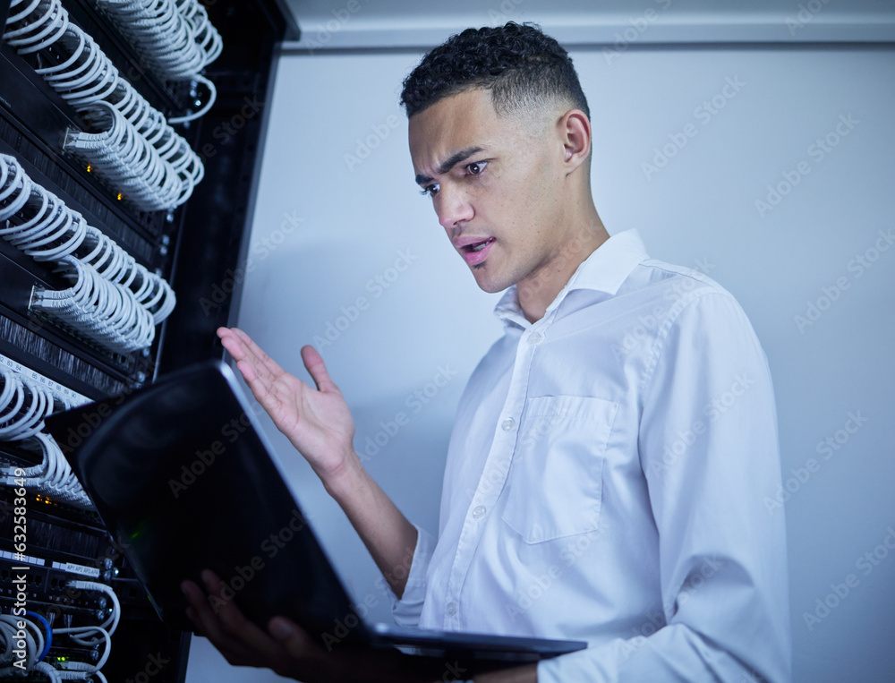 Poster Laptop problem, server room technician and man react to software glitch, system fail or online database error. Cybersecurity risk, programmer and male IT specialist stress over datacenter virus