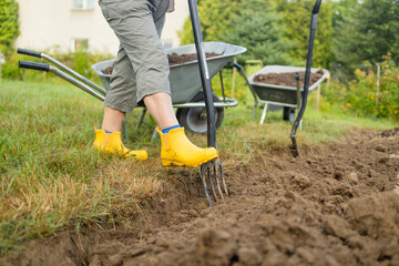 Farmer cultivating land in the garden with hand tools. Soil loosening. Gardening concept....