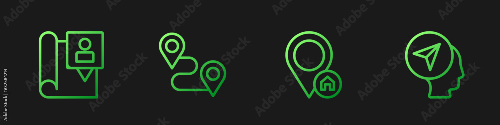 Poster set line location with house, folded map location marker, route and map human. gradient color icons.
