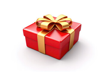 Red Gift Box With Gold Ribbon On White Background, 3D. Generative AI