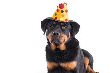 Rottweiler Dog In Clown Hat On White Background. Generative AI