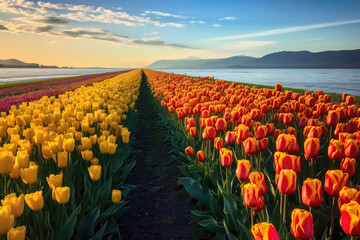 Rows Of Colorful Tulips Stretching To The Horizon Along The Ocean Shoreline. Generative AI
