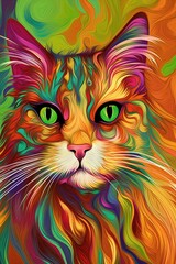Oriental Longhair cat psychedelic look. Generative AI