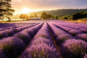 Fototapeta na wymiar Serene Lavender Farm With Rows Of Fragrant Purple Flowers. Generative AI