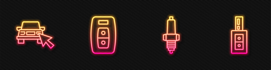 Set line Car spark plug, Online car sharing, key with remote and . Glowing neon icon. Vector