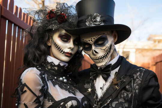 Student couple dressed up Halloween costume. Girl and boy in spooky Halloween makeup. Street portrait death parade participants. Dia de Muertos. Celebration of Mexico's Day of Dead. Generated Ai
