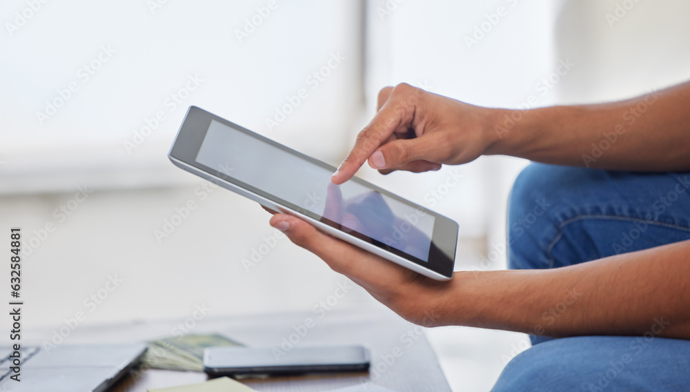 Poster hands, tablet and scroll, social media and app with communication, internet and connection. wireless