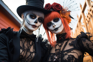 Lesbian couple dressed up Halloween costume. Girls in spooky Halloween makeup. Street portrait death parade participants. Dia de Muertos. Celebration of Mexico's Day of Dead. Generated Ai