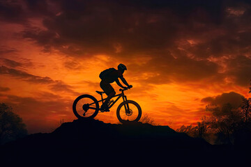 Fototapeta na wymiar Silhouetted Biker Soaring in the Air