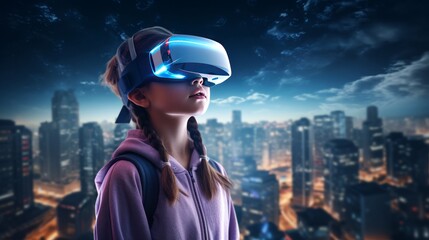 Close up of girl wearing VR headset user surreal city. Cityscape