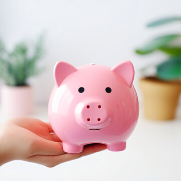Photo of a bright pink piggy bank. It sits on a wooden shelf. 

Generative AI